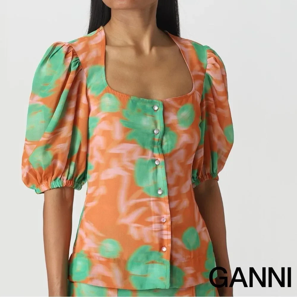 GANNI **NWT** Button-Up Puff Sleeve Crepe Blouse Vibrant Orange / Green Floral - Picture 5 of 16